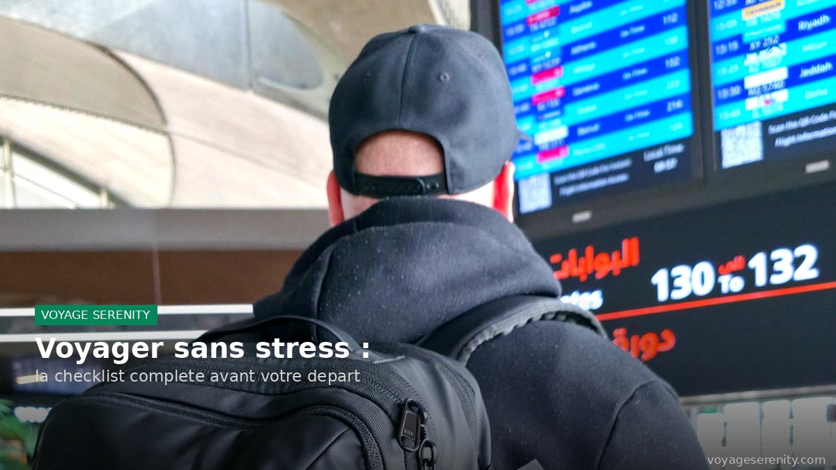 Sac Voyage Serenity en aéroport devant tableau des vols — voyager sans stress checklist départ